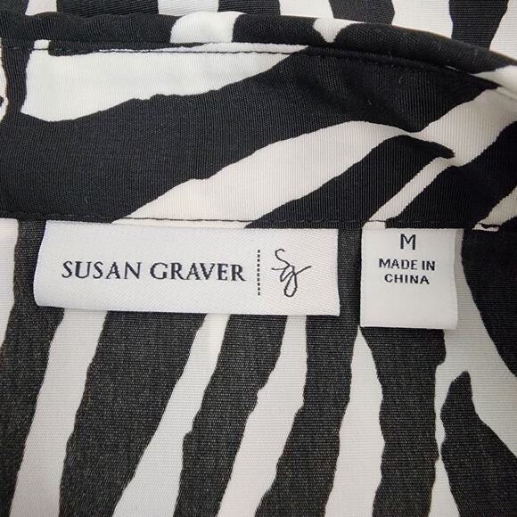 Susan Graver Womens Peach Skin Button Big Shirt Medium White Black Zebra Print - Picture 9 of 11